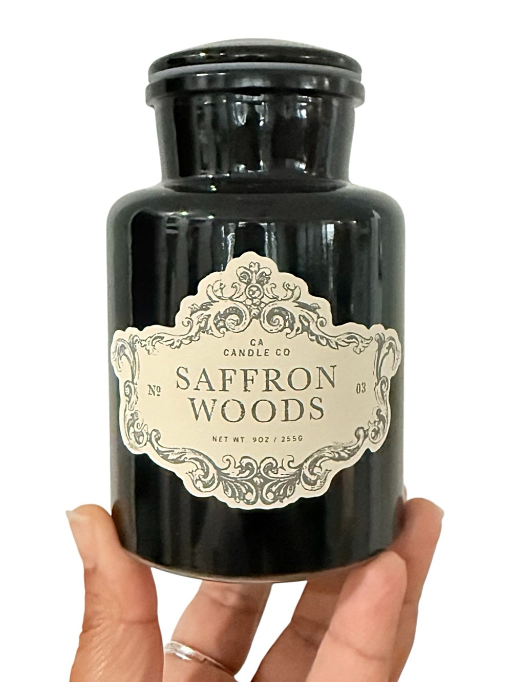 Leoben Company Saffron Woods Luxury Scented Candle - Black Apothecary Jar